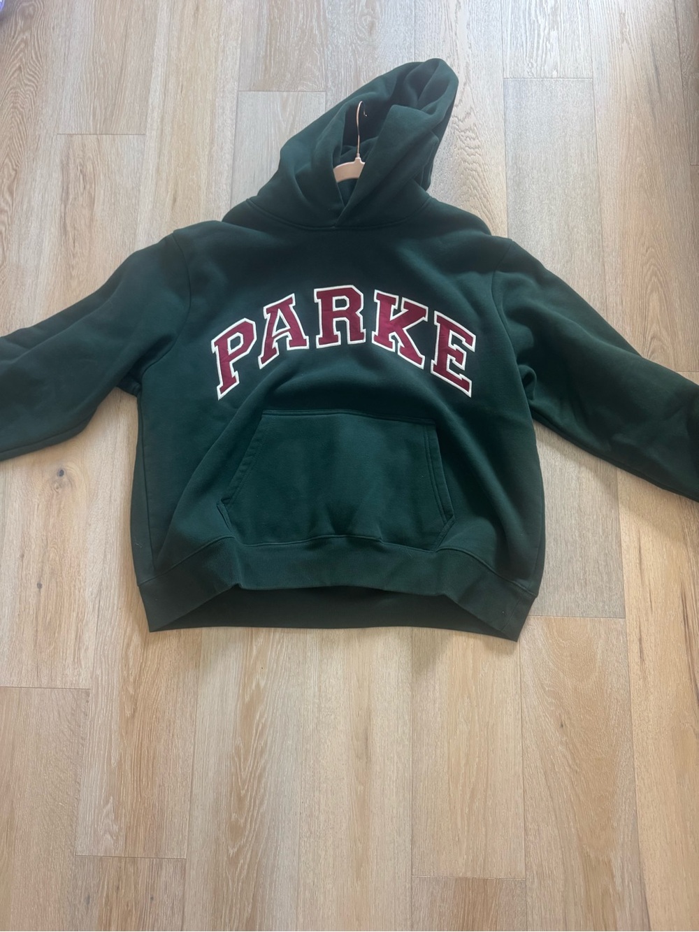 Parker Forest Green Hoodie with Maroon Lettering